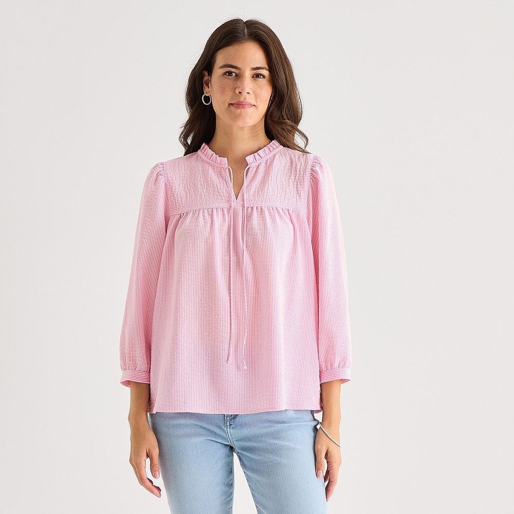 MSRP $44 St. John's Bay Womens S Pink Stripe Split Tie Neck Blouse 3/4 Sleeve
